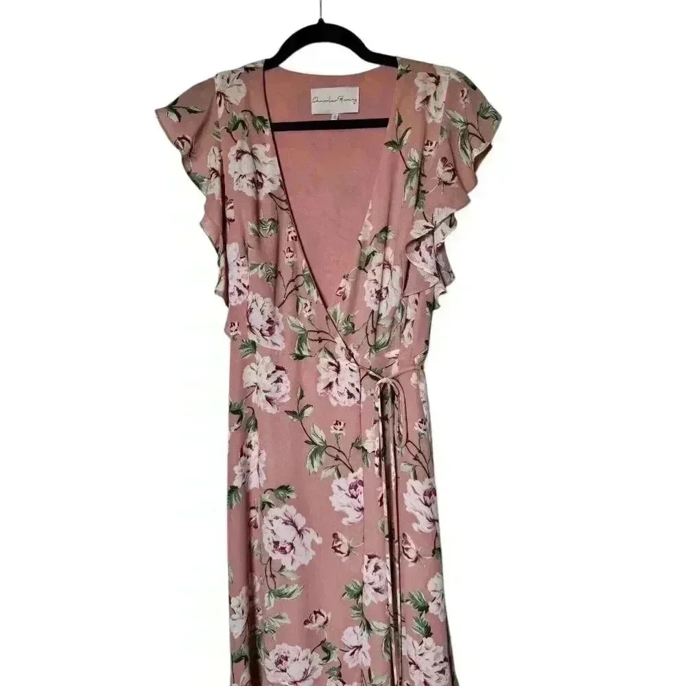 Charles Henry Floral Wrap‎ Dress Size Small Pink Lined Short Flutter Sleeves